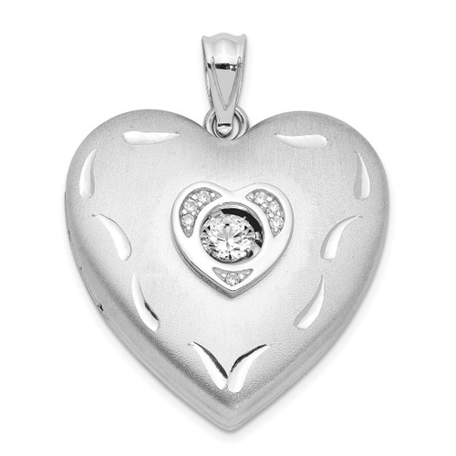 Sterling Silver Rhodium-plated Satin Diamond & Vibrant CZ Heart Locket Pendant