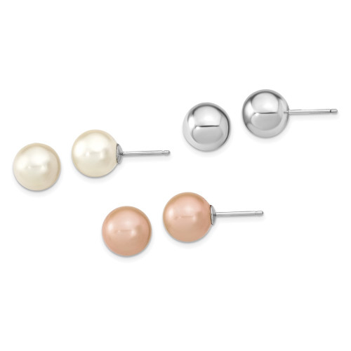 Sterling Silver Rhodium-plated 10-11mm White/Pink Simulated Pearl 3 Earring Set