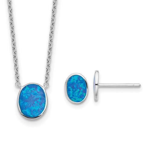 Sterling Silver Rhodium-plated Blue Created Opal Oval 16in Necklace w/1.75 ext/Earring Set