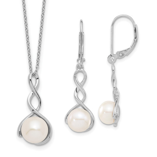 Sterling Silver Rhodium-plated 8-9mm White Freshwater Cultured Pearl Earring/Necklace Set