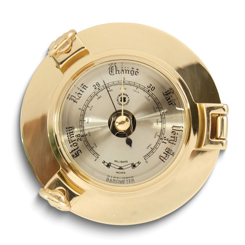 Lacquered Brass Porthole Barometer with Beveled Glass