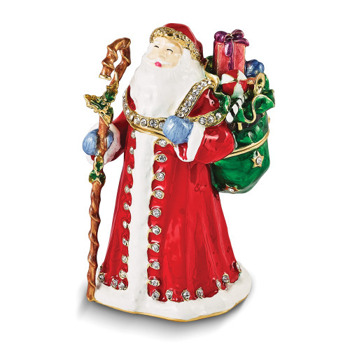 Luxury Giftware Pewter Bejeweled Crystals Gold-tone Enameled NOBLE Santa with Gifts & Staff Trinket Box with Matching 18 Inch Necklace
