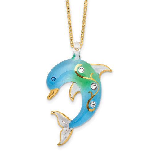 Glass Baron 22K Gilding Accent Gold-trim Blue Glass with Crystal Accent Dolphin 18 inch Gold-tone Necklace