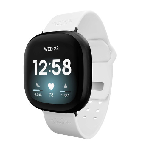 Image of Arkansas Razorbacks Engraved Silicone Watch Band Compatible with Fitbit Versa 3 and Sense (White)