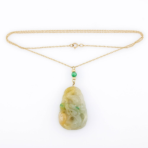 18" 14K Yellow Gold Necklace with Carved Yellow and Green Jadeite Jade Pendant