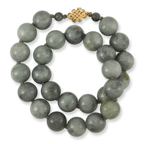 19" Knotted Necklace with Grey Jadeite Jade Beads & 14K Yellow Gold Clasp