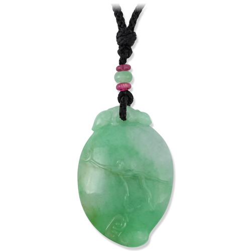Green Jadeite Jade Carved Peach Pendant on Adjustable Cord Necklace