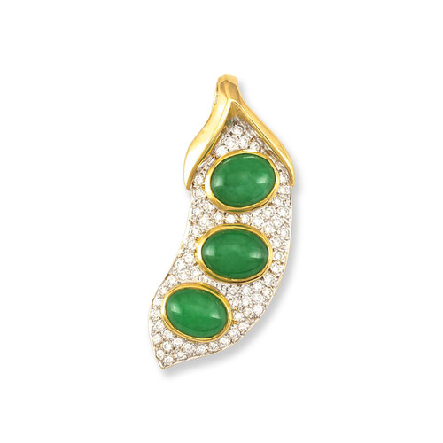 18K Yellow Gold Pea Pod Design Green Jadeite Jade Pendant with Pave Diamonds