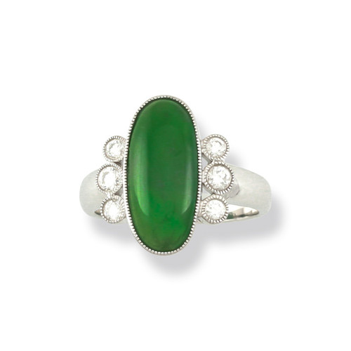 18K White Gold Elongated Green Jadeite Jade Ring w/ Diamonds