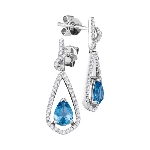 14kt White Gold Womens Pear Blue Topaz Solitaire Teardrop Diamond Frame Dangle Earrings 1/3 Cttw