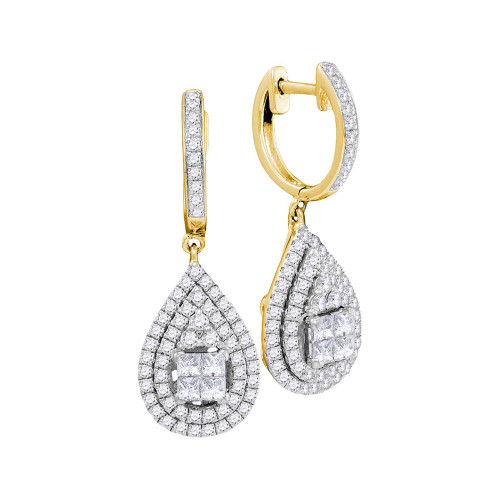 14kt Yellow Gold Womens Princess Round Diamond Teardrop Frame Cluster Earrings 1.00 Cttw