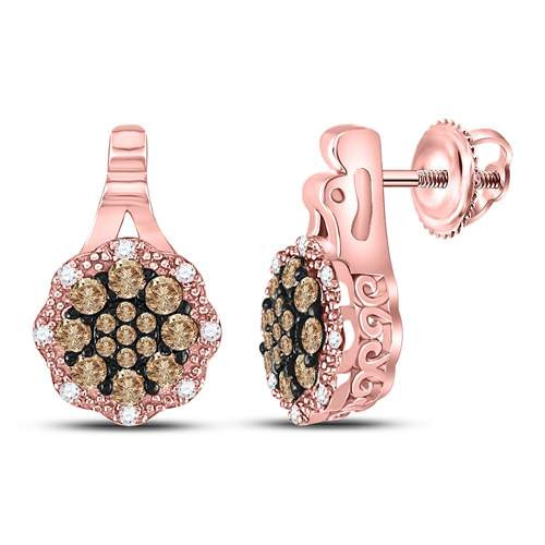 14kt Rose Gold Womens Round Brown Diamond Cluster Earrings 1/2 Cttw Style 130009