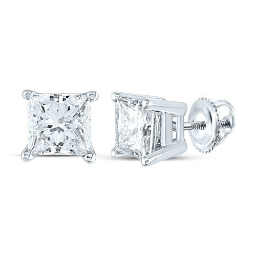 14kt White Gold Unisex Princess Diamond Solitaire Stud Earrings 1-3/8 Cttw Style 12190