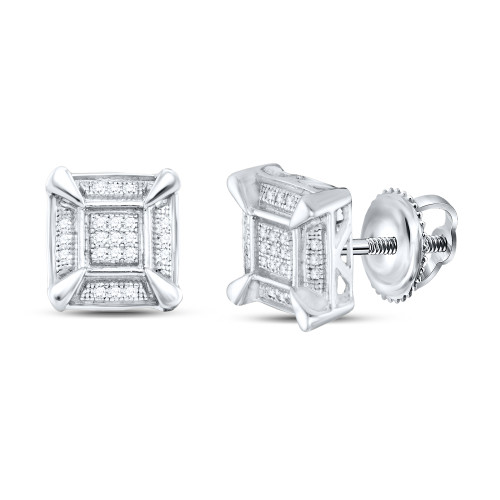 Sterling Silver Mens Round Diamond Square Cluster Stud Earrings 1/8 Cttw Style 64417