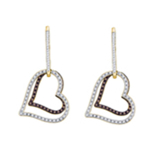 10kt Yellow Gold Womens Brown Diamond Dangle Double Heart Earrings 1/2 Cttw