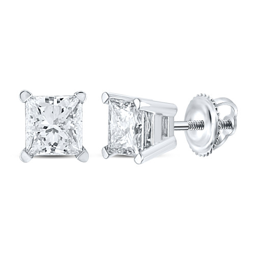 14kt White Gold Womens Princess Diamond Solitaire Stud Earrings 1.00 Cttw