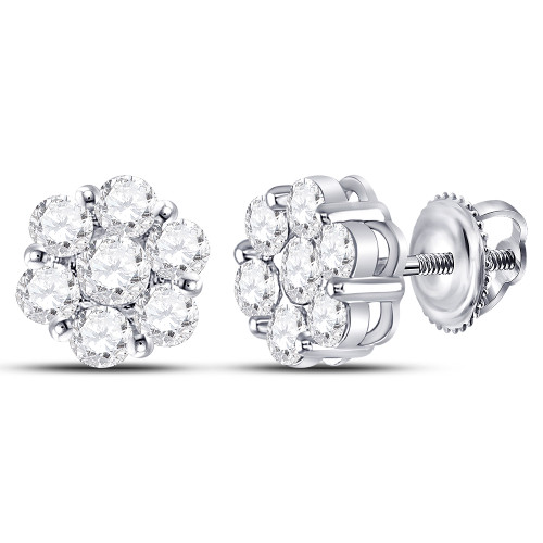 14kt White Gold Womens Round Diamond Flower Cluster Earrings 2.00 Cttw