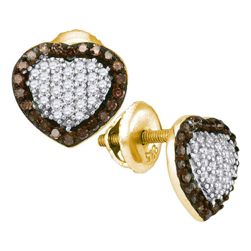 10kt Yellow Gold Womens Brown Diamond Heart Cluster Earrings 1/2 Cttw