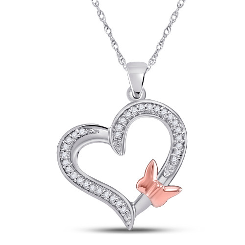 10kt White Gold Womens Round Diamond Heart Rose-tone Butterfly Bug Pendant 1/10 Cttw