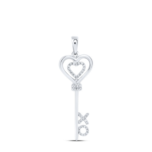 Sterling Silver Womens Round Diamond Heart Key Pendant 1/8 Cttw