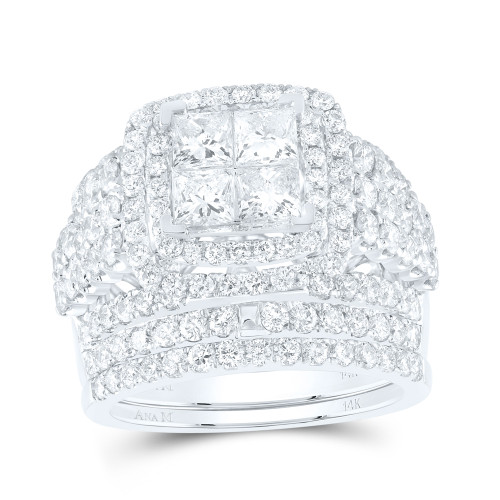 14kt White Gold Womens Princess Diamond Bridal Wedding Engagement Ring Band Set 3-3/4 Cttw