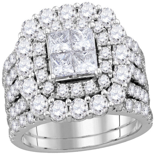 14kt White Gold Womens Princess Diamond Cluster Halo Bridal Wedding Engagement Ring Band Set 4-1/2 Cttw