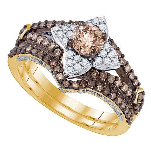 14kt Yellow Gold Womens Brown Diamond Bridal Wedding Engagement Ring Band Set 1-1/3 Cttw