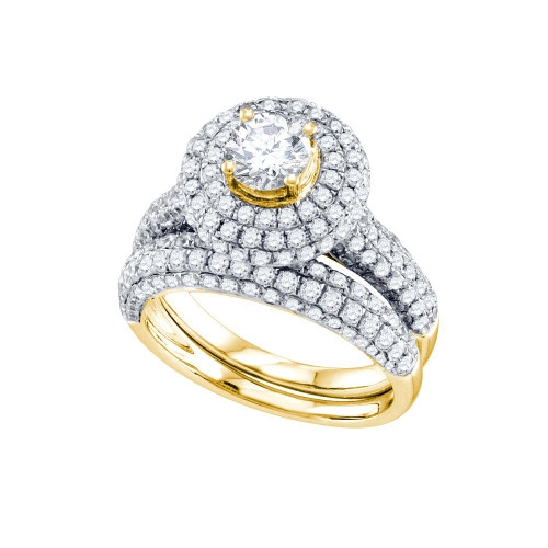14kt Yellow Gold Womens Round Diamond Bridal Wedding Engagement Ring Band Set 2-1/5 Cttw