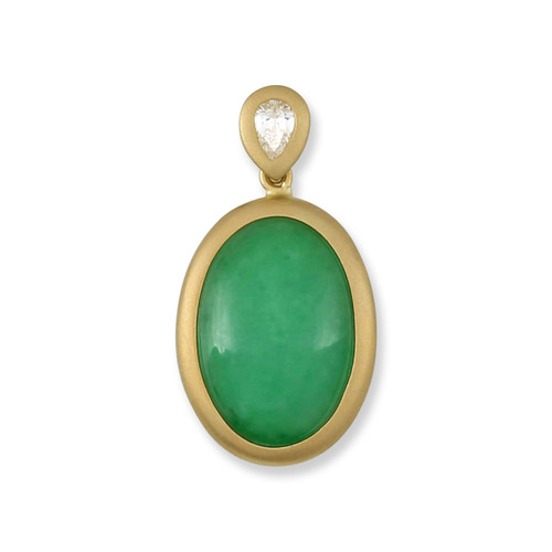 18K Yellow Gold Pendant with Green Jadeite Jade Oval Cabochon & Diamond Accent