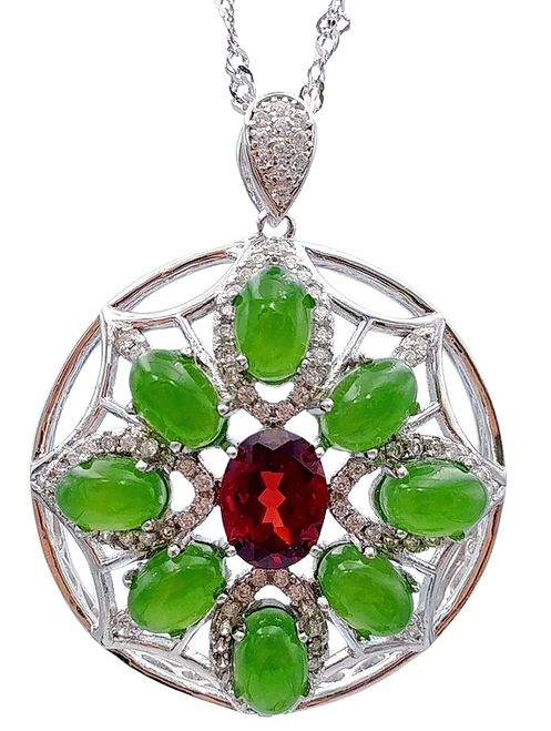 28mm Sterling Silver Round Pendant with Genuine Nephrite Jade, Red Zircon Center & CZ Accents