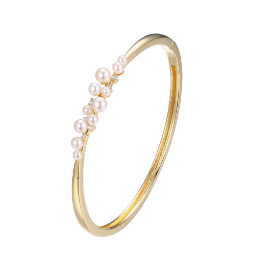 Charles Garnier 6.75" Gold-plated Sterling Silver Bangle Bracelet w/ Cultured Freshwater Pearl Cluster Top & CZs