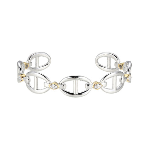 Charles Garnier 6.75" Rhodium- & Gold-plated Sterling Silver Marina Link Cuff Bracelet w/ CZs