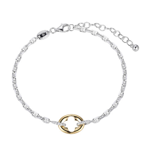 Charles Garnier 7.25"+1.5" Rhodium-plated Sterling Silver Marina Link Bracelet w/ Gold-plated Cutout Clover Link and CZs