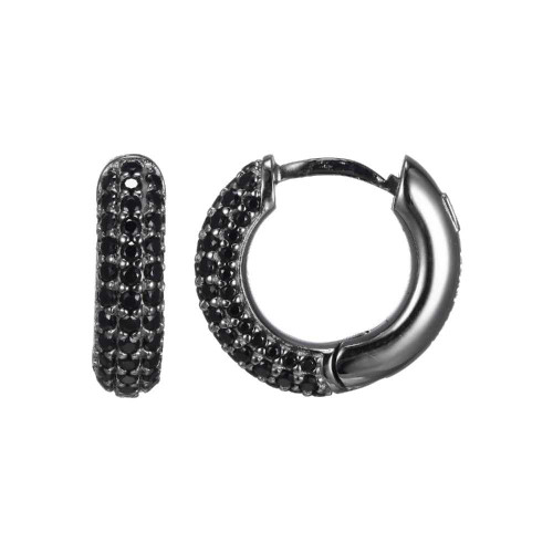 Image of ELLE Jewelry - "Stardust Collection" 14mm Ruthenium-plated Sterling Silver Round Hoop Earrings w/ Genuine Black Spinel