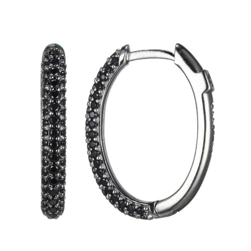 Image of ELLE Jewelry - "Stardust Collection" 15mm x 20mm Ruthenium-plated Sterling Silver Oval Hoop Earrings w/ Genuine Black Spinel