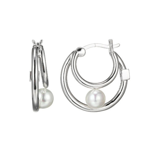 ELLE Jewelry - "Simpatico Collection" Rhodium-plated Sterling Silver Double Hoop Earrings w/ 5mm Simulated Pearl