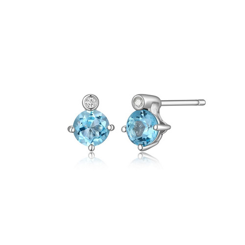 ELLE Jewelry - Birthstone Collection Rhodium-plated Sterling Silver Stud Earrings w/ 5mm Genuine Swiss Blue Topaz & Lab Grown Diamond