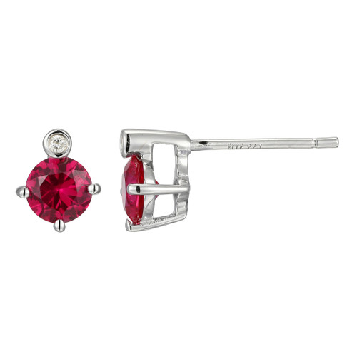 ELLE Jewelry - "Birthstone Collection" Rhodium-plated Sterling Silver Stud Earrings w/ 5mm Created Ruby & Lab Grown Diamond