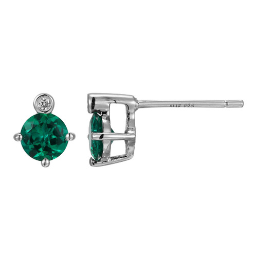ELLE Jewelry - "Birthstone Collection" Rhodium-plated Sterling Silver Stud Earrings w/ 5mm Created Emerald & Lab Grown Diamond