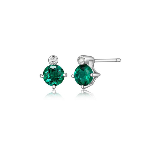 ELLE Jewelry - Birthstone Collection Rhodium-plated Sterling Silver Stud Earrings w/ 5mm Created Emerald & Lab Grown Diamond