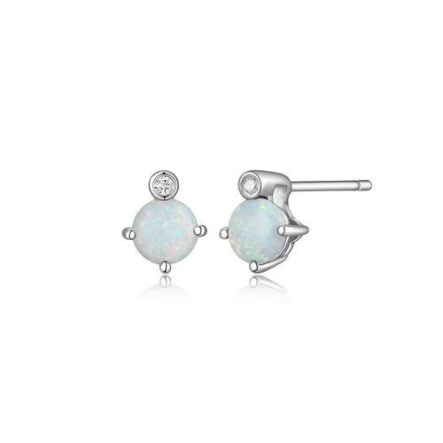 ELLE Jewelry - Birthstone Collection Rhodium-plated Sterling Silver Stud Earrings w/ 5mm Created Opal & Lab Grown Diamond