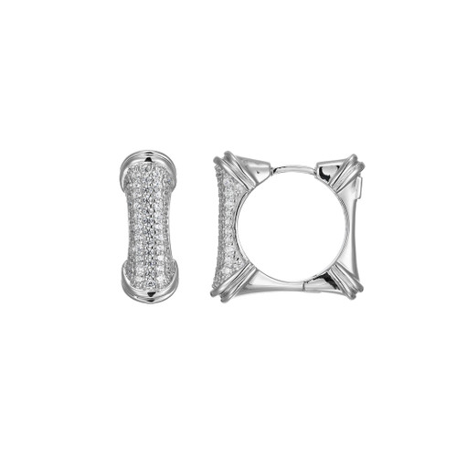 ELLE Jewelry - "Bamboo Collection" 15mm Rhodium-plated Sterling Silver Square CZ Hoop Earrings