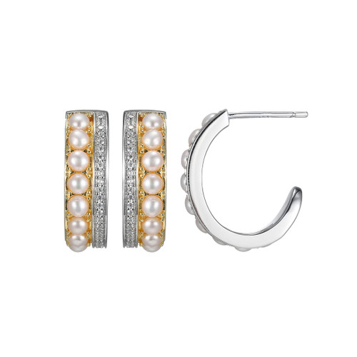 Charles Garnier 20.5mm Gold-plated & Rhodium-plated Sterling Silver Half Hoop Earrings w/Cultured Freshwater Pearls & CZs