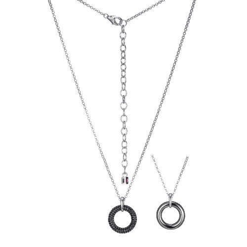 ELLE Jewelry - "Stardust Collection" 17"+3" Rhodium-plated Sterling Silver Chain Necklace w/ 15mm Ruthenium-plated Black Spinel Donut-Shaped Pendant