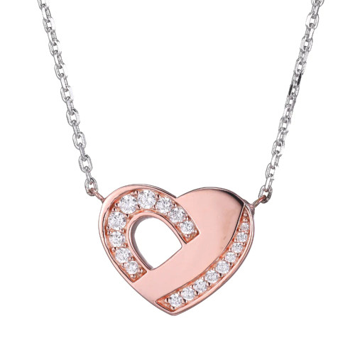 ELLE Jewelry - "Motif Collection" 17"+3" Rhodium-plated Sterling Silver Necklace w/ Rose Gold-plated CZ Heart Center