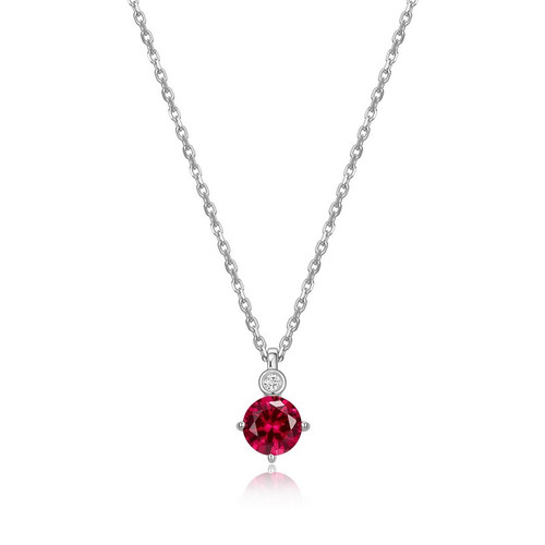 ELLE Jewelry - Birthstone Collection 17 inch+2 inch Rhodium-plated Sterling Silver Cable Chain Necklace w/ 5mm Round Created Ruby & Lab Grown Diamond Pendant