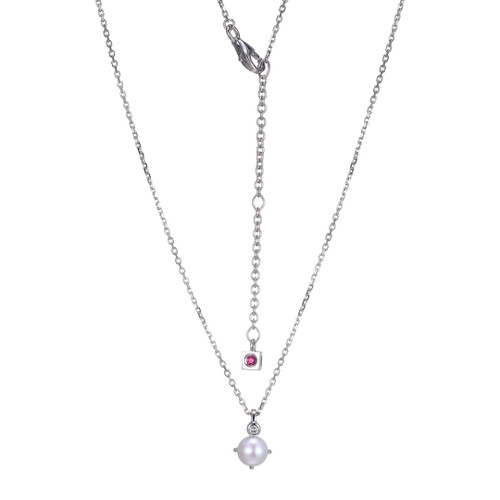 ELLE Jewelry - "Birthstone Collection" 17"+2" Rhodium-plated Sterling Silver Cable Chain Necklace w/ 5mm Round Genuine Cultured Freshwater Pearl & Lab Grown Diamond Pendant
