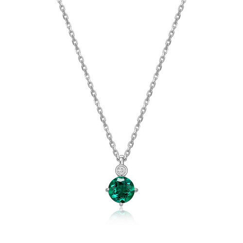 ELLE Jewelry - Birthstone Collection 17 inch+2 inch Rhodium-plated Sterling Silver Cable Chain Necklace w/ 5mm Round Created Emerald & Lab Grown Diamond Pendant