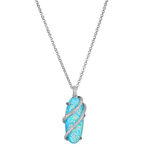Charles Garnier 17"+2" Rhodium-plated Sterling Silver Necklace w/ 25mm x 10mm Synthetic Blue Opal & CZ Pendant