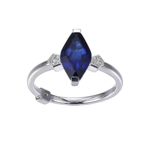 ELLE Jewelry - Rhodium-plated Sterling Silver Ring w/Created Sapphire & Lab Grown Diamond Accents